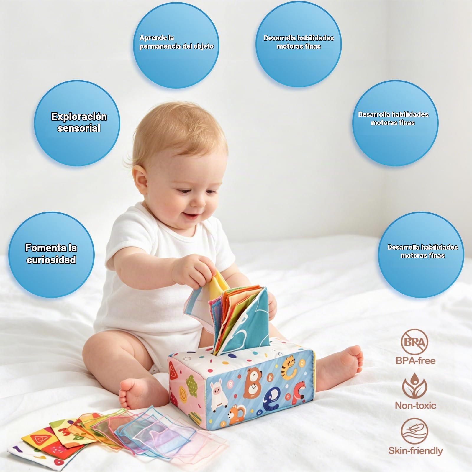 Montessori Juguete para Bebé 6 en 1 | Juguete de Habilidades Motoras, Bloques Sensoriales, Caja de Pañuelos, Juguete Educativo