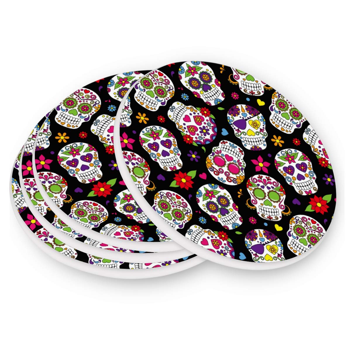 Sottobicchieri a forma di teschio di zucchero, con fiori colorati, rotondi, antiscivolo, per bevande, tazze da caffè, bicchieri, segnaposto per cucina, camera da letto, casa, ufficio, confezione da