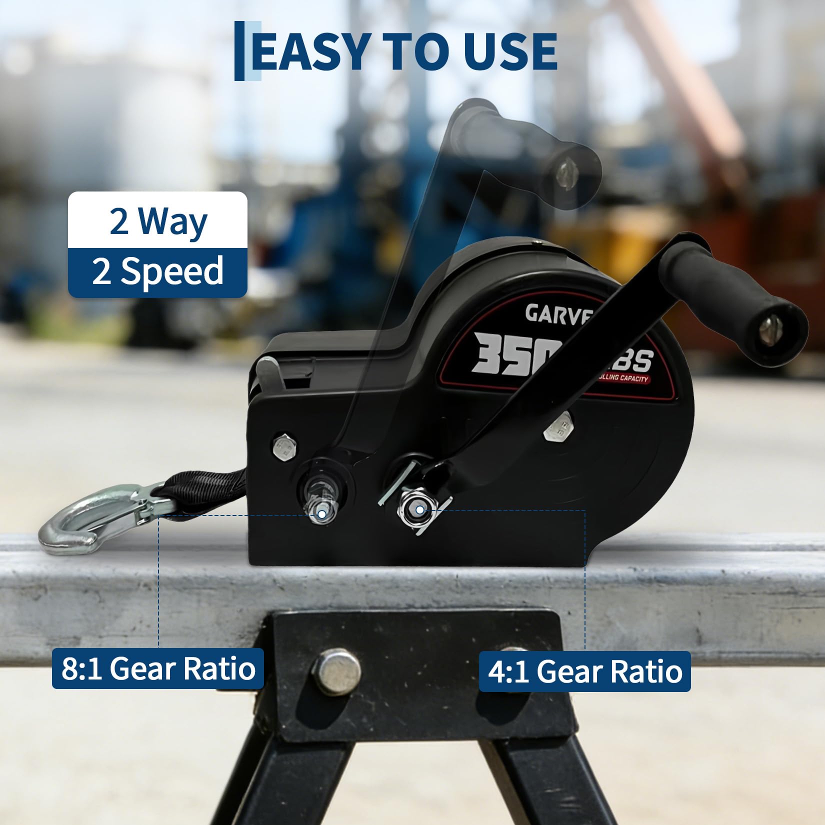 Garvee Treuil Manuel Robuste 3500lbs Pour Remorque Bateau – Sangle 10m, Double Rapport 4:1/8:1, Acier Galvanisé, Pour Remorque, Camion, ATV, Jet Ski – Poignée Standard, Noir