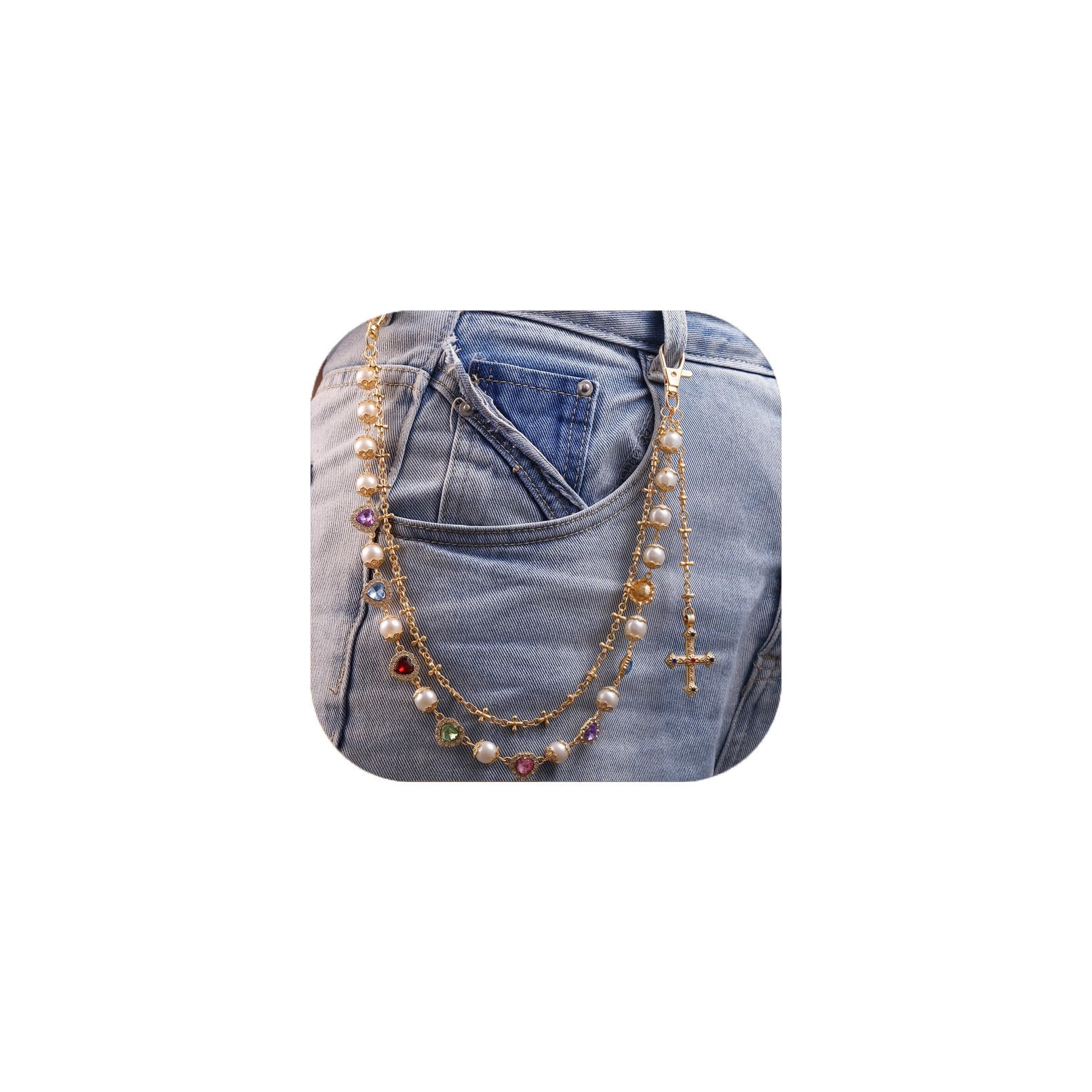 Layered Pearl Pants Chain Wallet Chain with Heart Cross Pendant