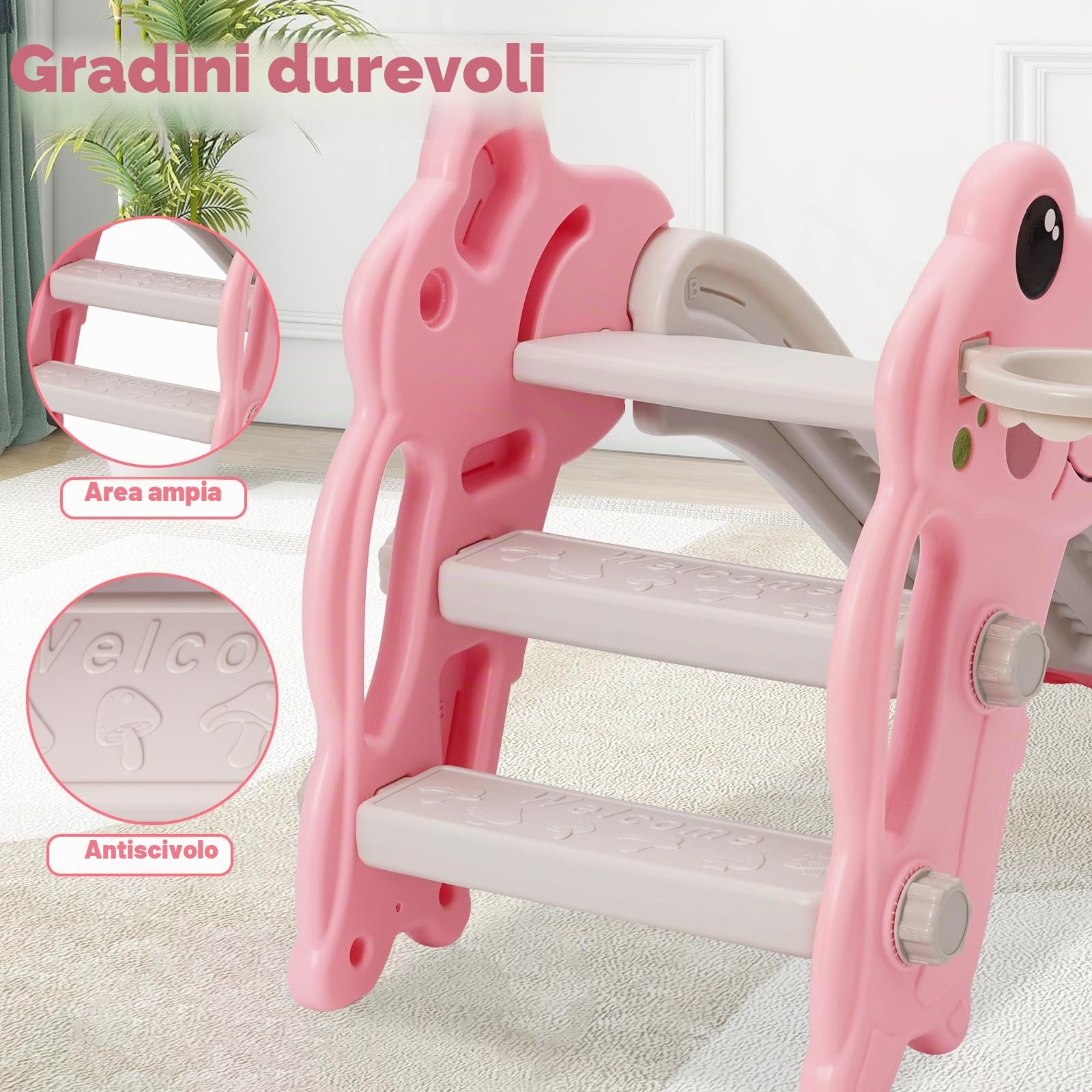 Scivolo per Bambini 3 in 1 con Canestro da Basket, Gradini Antiscivolo e Arrampicata 100cm, Giochi Montessori per Interni e Esterni, Palestra per Bambini 1 Anni + (Rosa) | Scivolo per bambini con gradini antiscivolo, lunghe scanalature e scale antiscivolo