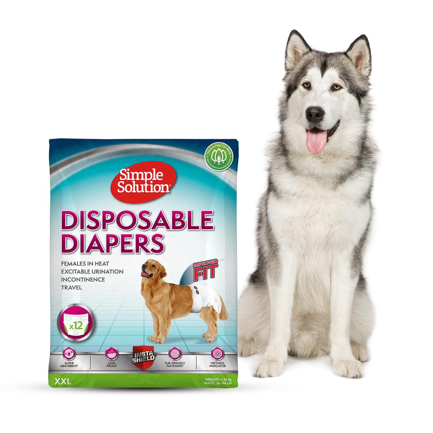 Simple Solution True Fit Disposable Dog Diapers for Female Dogs, Super Absorbent with Wetness Indicator, Leak Proof, Quickly Absorb Liquid for Long Lasting Dryness, XXL Size 56-94cm Waist (12 Pack) (B09CLCFJ2M) Amazon Price History, Amazon Price Tracker