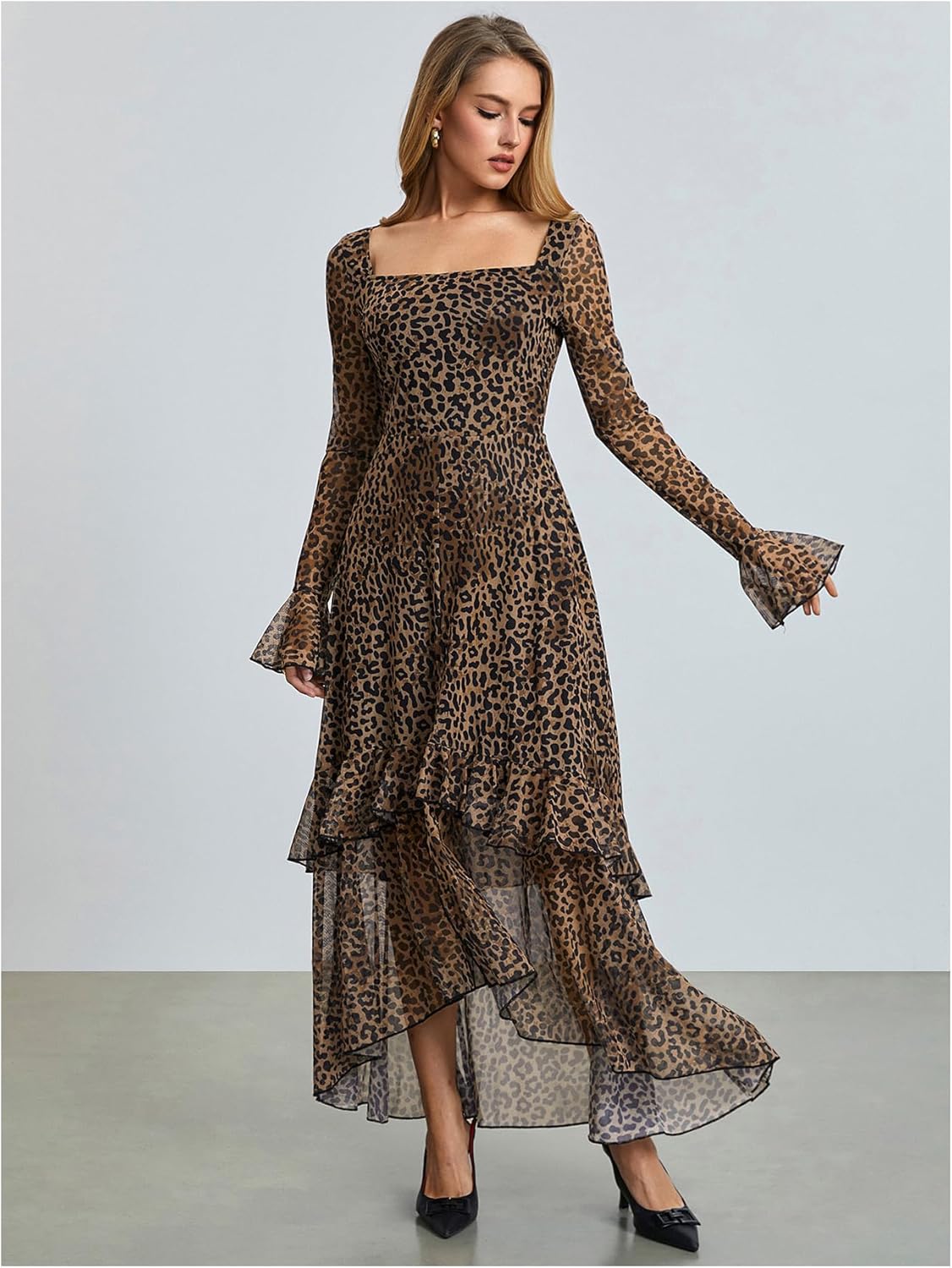 Milumia Women's Leopard Square Neck Long Sleeve Mesh Dress Layered Ruffle Hem Maxi Dresses - Image 3