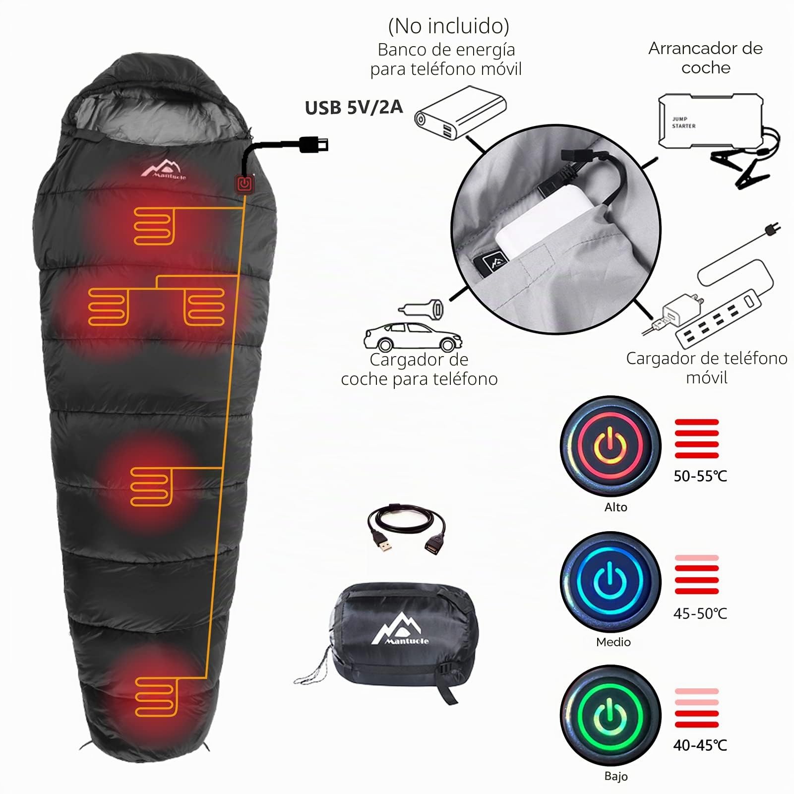Saco de Dormir con calefacción, 5 Unidades de Almohadillas térmicas multiUSB, Funciona con batería Externa u Otras Fuentes de alimentación USB, Bolsa compacta portátil, Estilo Momia.