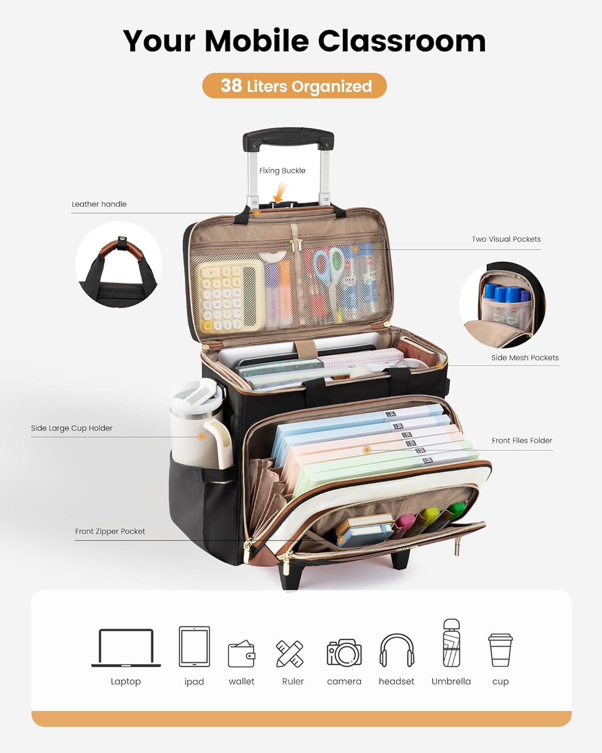 LOVEVOOK Rolling Teacher Bag with Detachable Dolly and Laptop Compartment, Large Rolling Tote Bag fits for 17.3" Laptop for Teacher Office Work Craft Nurse, Quilted-Black-beige-brown - Image 3