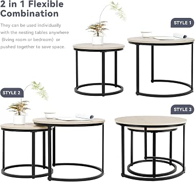Hawthyhome Coffee Tables, Round Nesting Tables Tet of 2, Industrial Stacking End Tables with Metal Frame, Modern Side Tables for Living Room Bedroom Office, 60 * 60 * 45cm, Light oak