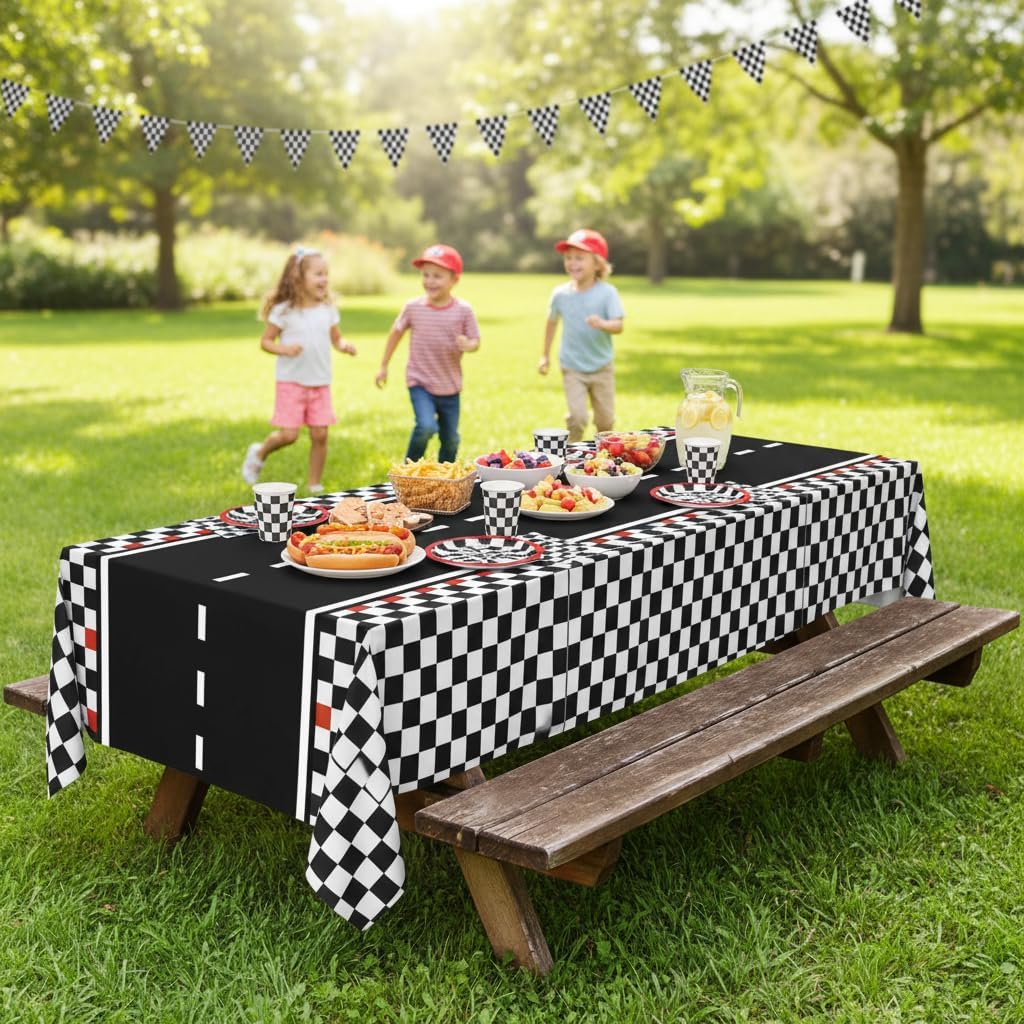 4 Pack Racing Car Tablecloth - Race Car Birthday Party Decorations Racetrack Rectangular Tablecloth - Checkered Table Cover for Race Car Theme Party, 54 x 108 Inch