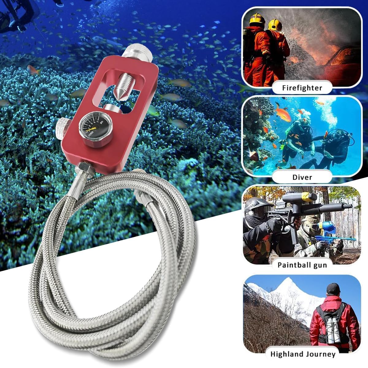 DIN Valve Scuba Adapter and Paintball Scuba Fill Station,High Pressure 4500 PSI HPA Tank Filling Adapter Charging System with Air Hose.