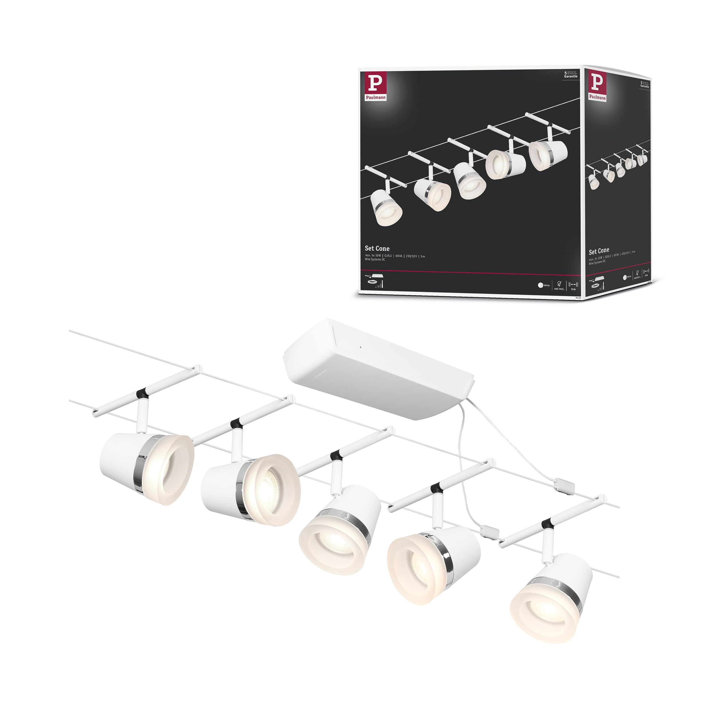 Paulmann 94461 CorDuo Set de base Système de Câbles Cone DC 5 x 10 watt max, Éclairage Extensible Blanc Mat Câble Matière Plastique GU5,3 Système de Câbles sans Ampoules