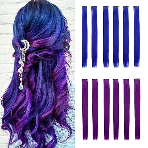 Paquete de 12 extensiones de cabello con clip de colores, 21 pulgadas, extensiones de cabello liso colorido con clip para mujeres, fiestas, Navidad,