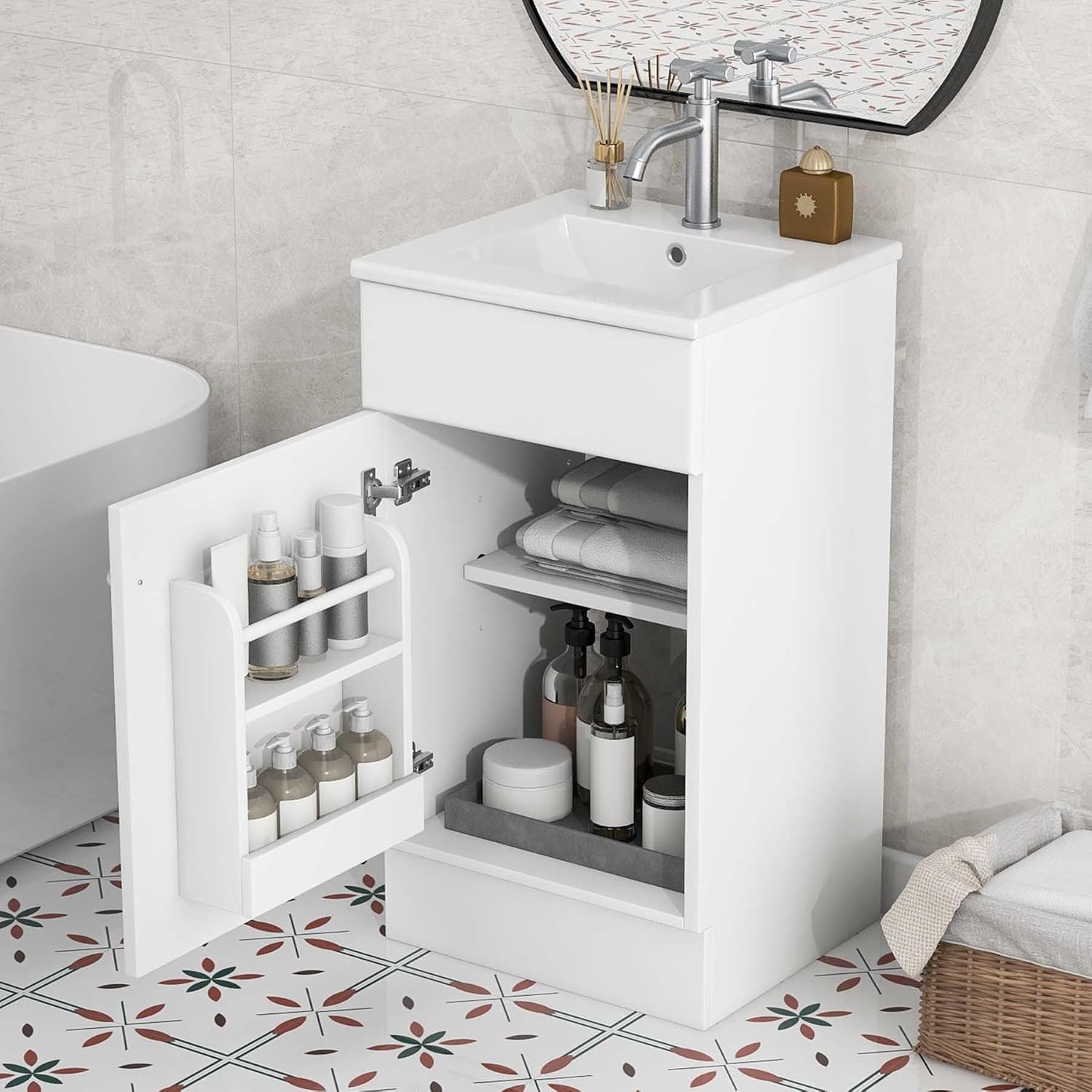 HRVEOCEI 18" Bathroom Vanity with Sink, Small Sink Cabinet with Adjustable Shelf& Single Hole for Small Spaces, Modern (White, 18")