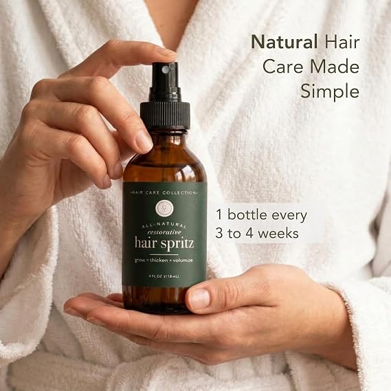Rowe Casa Organics Natural Restorative Hair Spritz with Witch Hazel & Therapeutic Essential Oils, Hand-Crafted Hair Volumizer, Thickener, Growth Booster, 8 Fl. Oz.