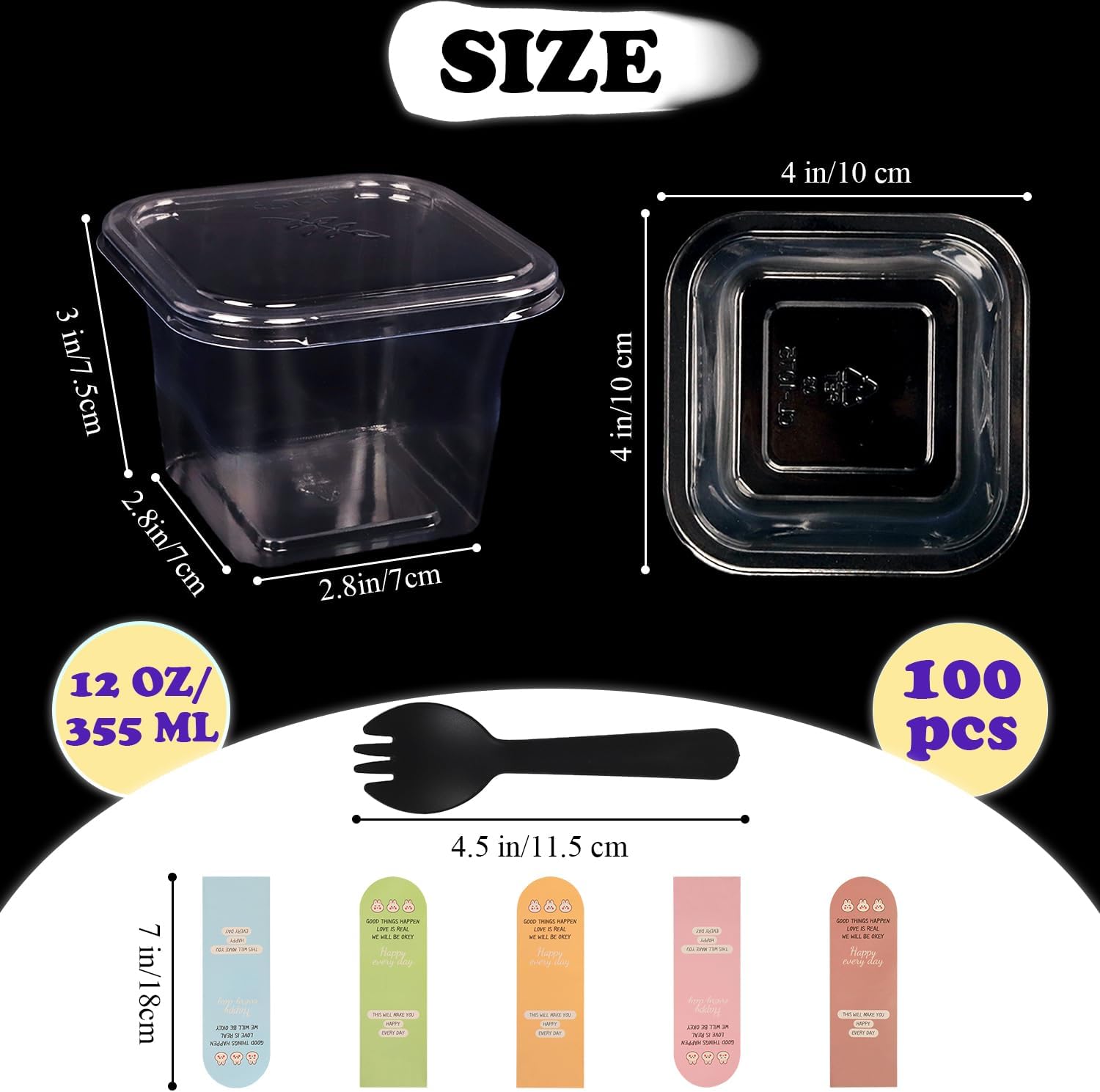 Nsmykhg Clear Dessert Cups with Lids and Sporks, 100 Pack 12 oz Disposable Parfait Cups with Carton Sticker, Square Plastic Appetizer Serving Cups for Party, Fruit, Oatmeal & Snacks