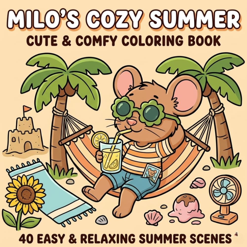 Milo Cozy Summer Coloring Book: Cute and Relaxing Beach, Vacation, Picnic, Ice Cream and Sunny Day Scenes for Adults and Teens