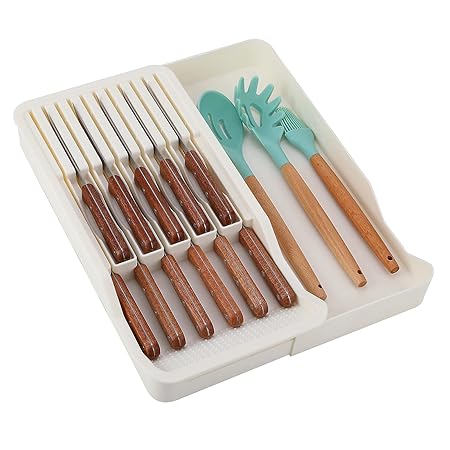 AWZITUO Expandable Kitchen Knife Drawer Organizer Insert-Holds 11 Knives and Store Other Kitchen Gadgets. (White)