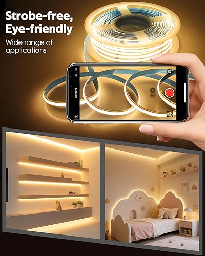 Miniatura 5 de Tira de luces LED COB de 65.6 pies, 3000 K, 24 V, regulable, tira de luz LED con control remotoaplicación, CRI 90+, blanco cálido, 480 LEDM, alta