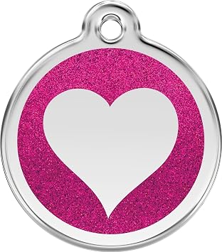 K9 Palace Red Dingo Stainless Steel with Glitter Pet I.D. Tag - Heart hot Pink, Large