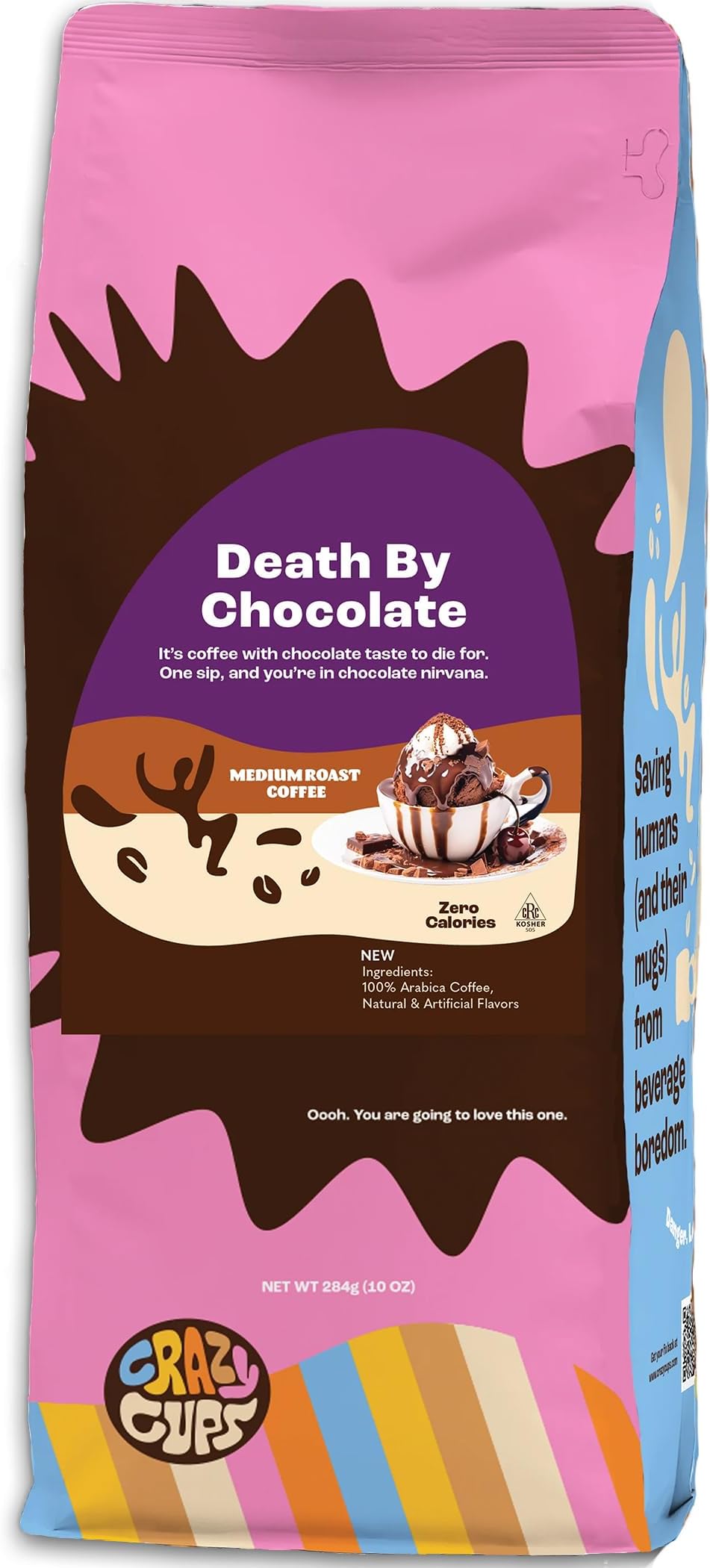 Crazy Cups Flavored Ground Chocolate Coffee, Death By Chocolate Coffee in 10 oz Bag, For Brewing Flavored Hot or Iced