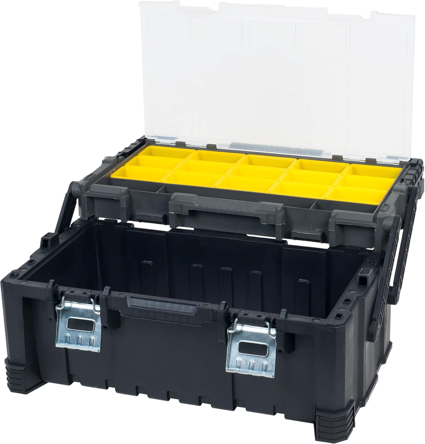 22Inch Plastic Tool Box Rugged Toolbox with 2Tiers of Trays and 18 Compartments for Tools