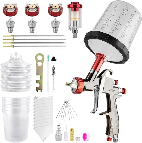 SRQ R500 Air LVLP - Kit de pistola pulverizadora con boquillas de 0.06/0.07/0.09 pulgadas, pistola de pintura automotriz, 5 tazas y tapas de mezcla