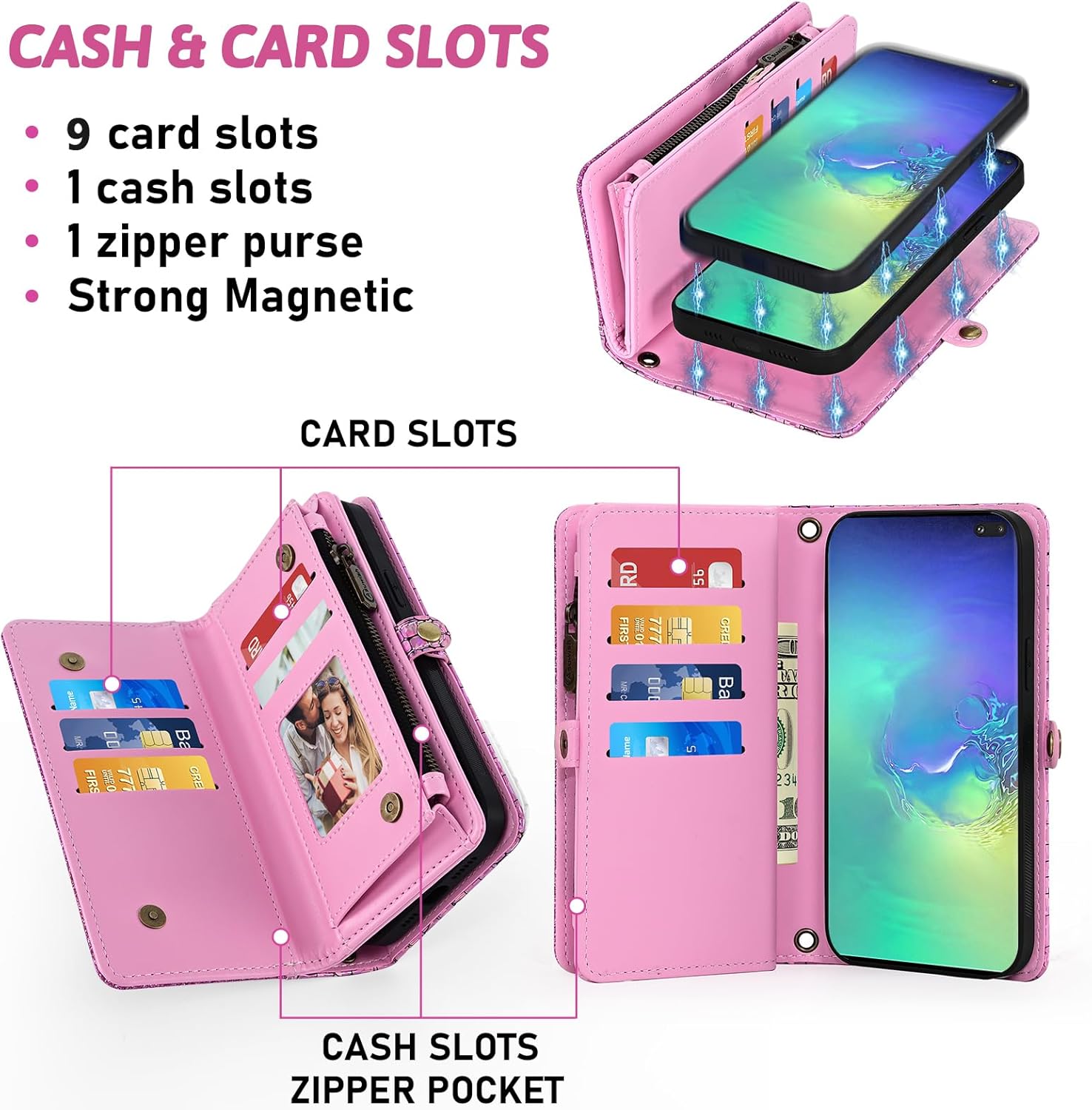 Asuwish Phone Case for Samsung Galaxy S10 Plus Zipper Wallet Detachable Cover with Screen Protector and Card Holder Slot Wrist Strap Cell Accessories S10+ S10plus 10S Edge S 10 10plus Women Men Pink