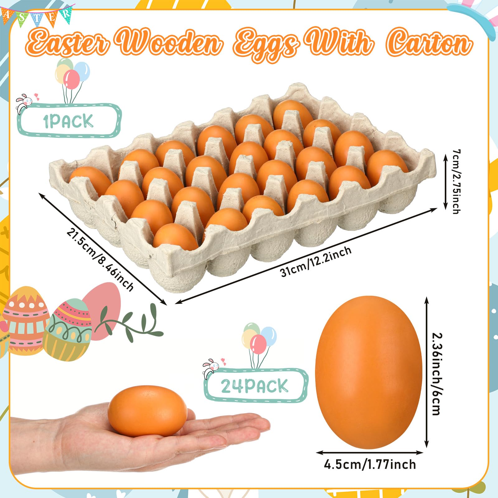 Cinnvoice 24 Pcs Easter Wooden Eggs with Natural Pulp Cartons Paintable Wood Fake Eggs for Easter Hunting Basket Stuffer Party Favor Kitchen Play and Room Decorating(Brown)