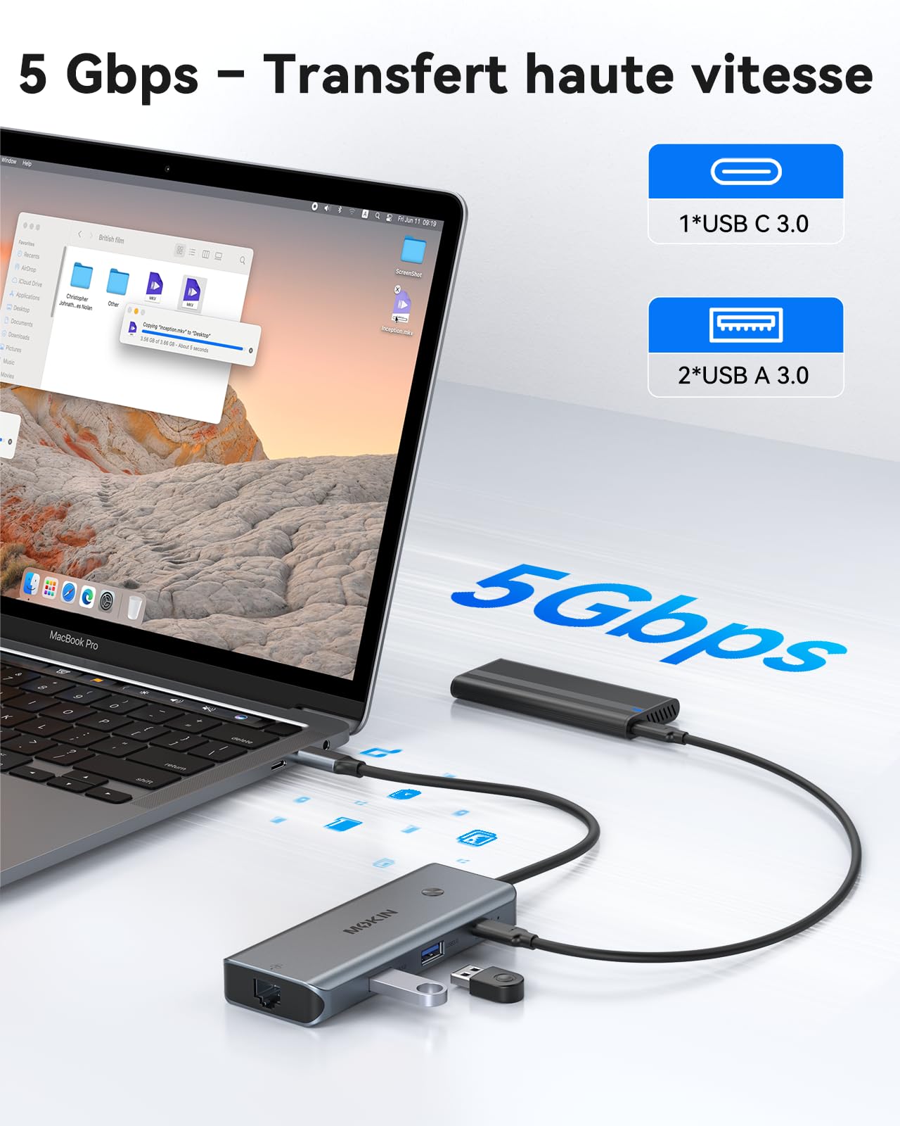 MOKIN Hub USB C Multiport 8 en 1 pour MacBook Pro/Air, Dongle avec 3 Ports USB 3.0, Adaptateur USB C vers HDMI,Ethernet RJ45, Charge Rapide PD 100W, Lecteur de Carte mémoire SD/TF