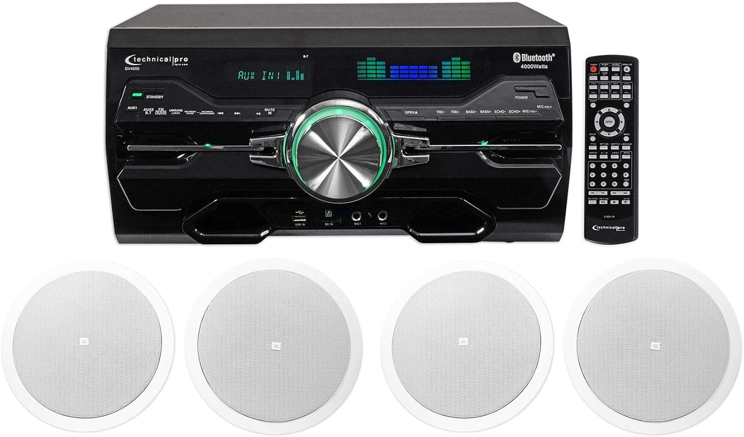 Audiosavings Bundle: Technical Pro 4000W Receiver/Amplifier/DVD Player with Bluetooth/USB/FM Bundle with (4) JBL Control 26C 6.5" 150W in-Ceiling White Home Theater Speakers, 16-Ohm (5 Items)