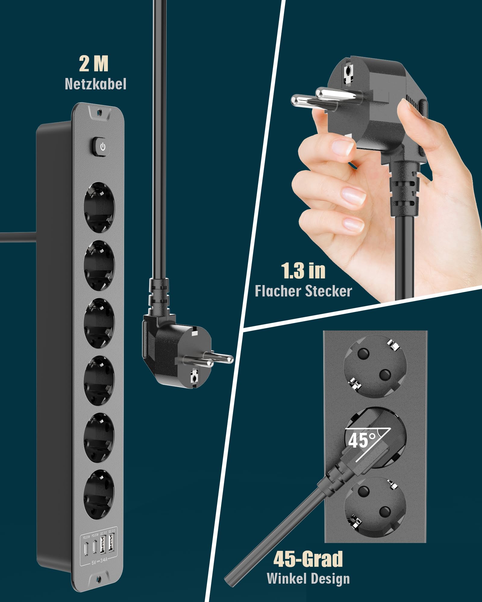 Ciabatta elettrica commutabile singola, 6 prese, con USB, 10 in 1 con cavo da 2 m, per casa e ufficio (nero)