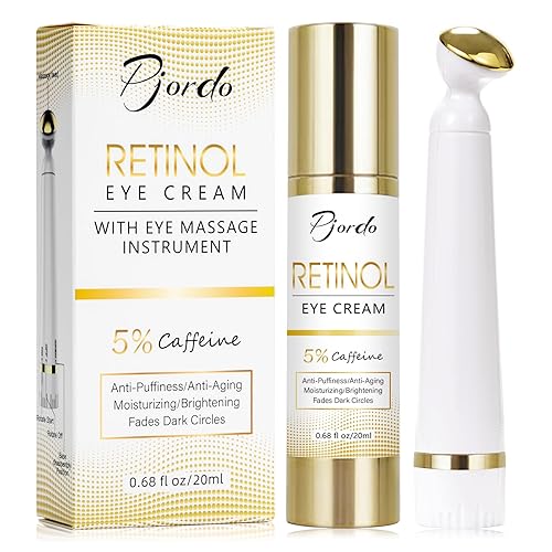 Crema de ojos con retinol con instrumento de masaje de ojos, infusión con 5% de cafeína e hialurónico para tratamientos de ojeras, cuidado debajo de