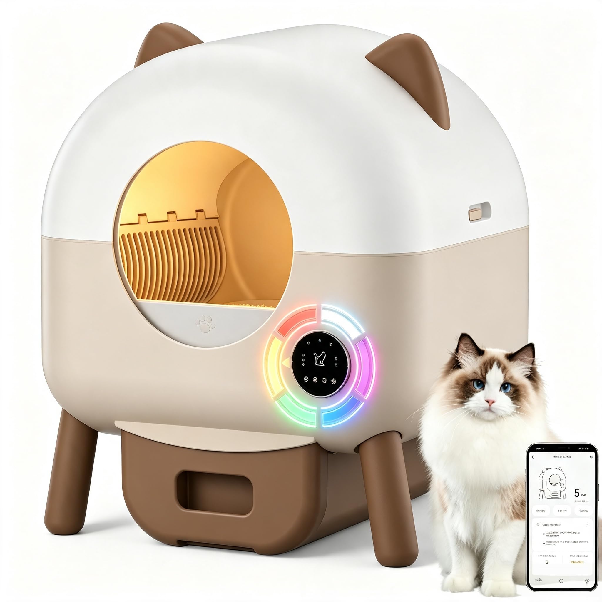 Lettiera Gatto Autopulente XXL, 79L Grande Capacità Lettiera Gatto Chiusa, Sensori di Sicurezza, 6 Luci, Eliminazione Odori, Controllo App,Silenziosa,Facile da Pulire,Lettier Automatica per Più Gatti