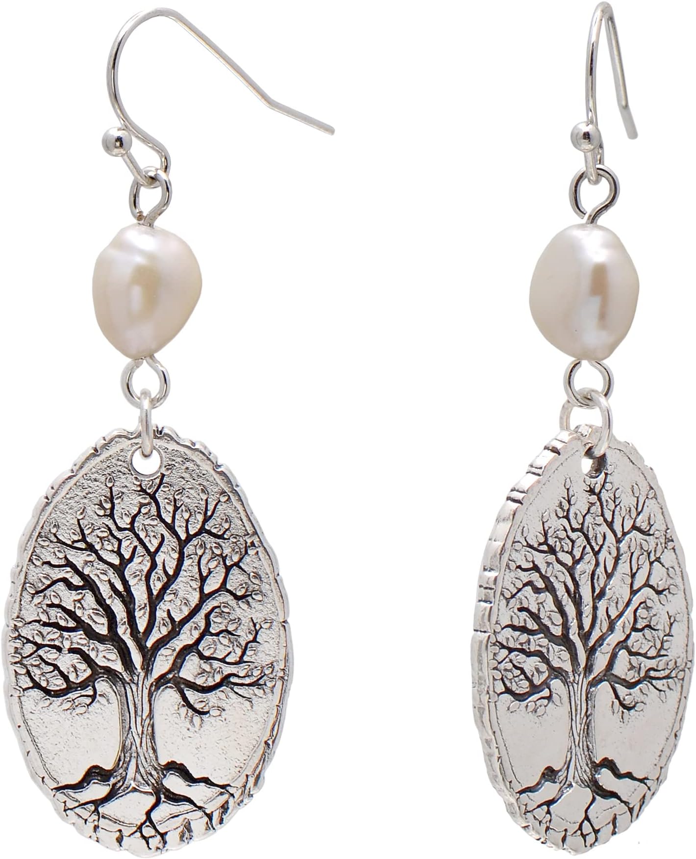 Freshwater Cultured Pearl Tree of Life Dangling Earrings for Women, White Pearl