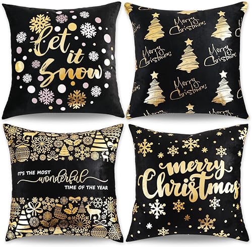 Juego de 4 fundas de almohada de Navidad negras y doradas de 16 x 16 pulgadas, decoración navideña dorada y negra, copos de nieve, almohadas