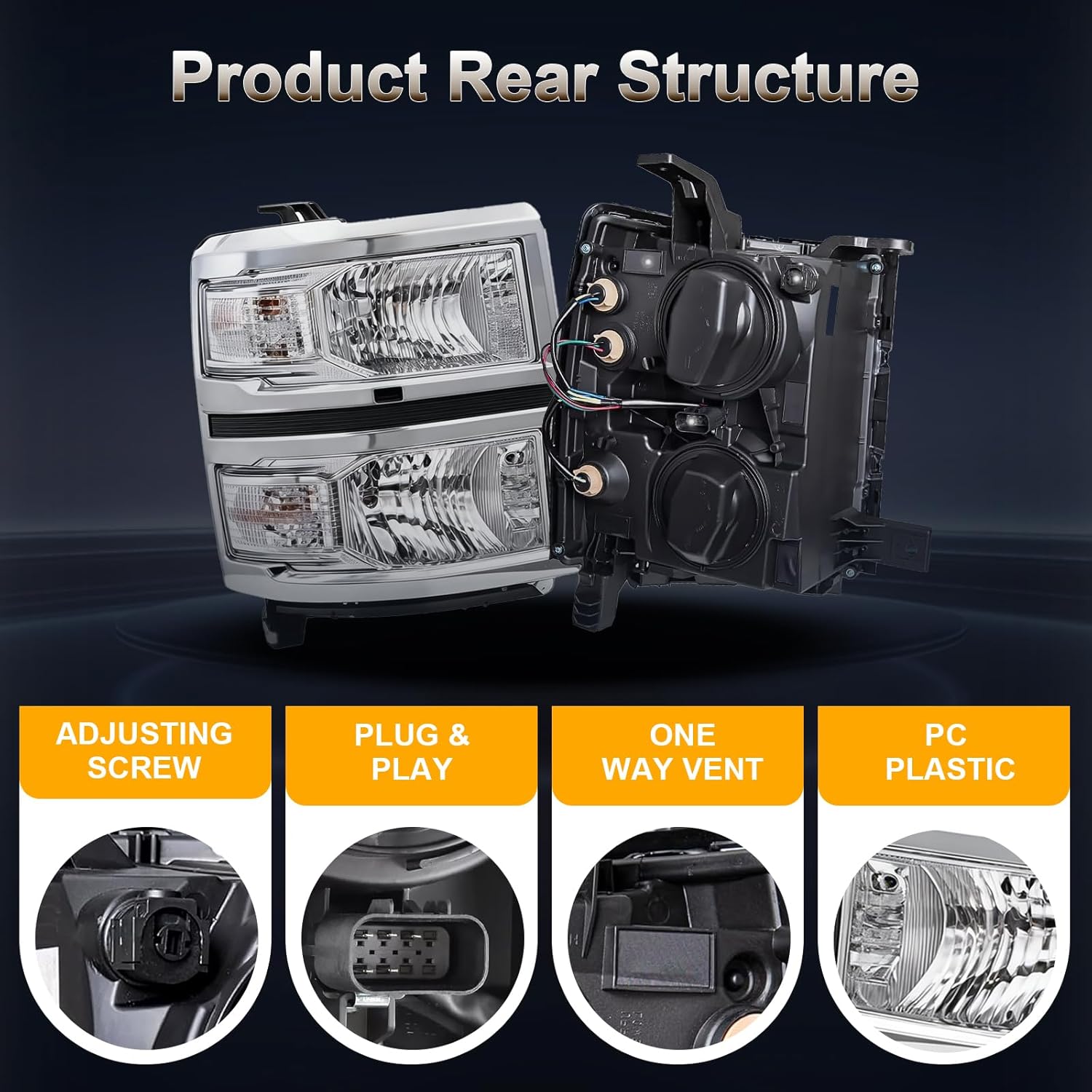 Headlight Assembly Compatible with 2014-2015 Chevy Silverado 1500 Headlights Headlamps Left+Right 14-15 Lights (CHROME FRAME+CHROME INNER+WHITE SIDE)