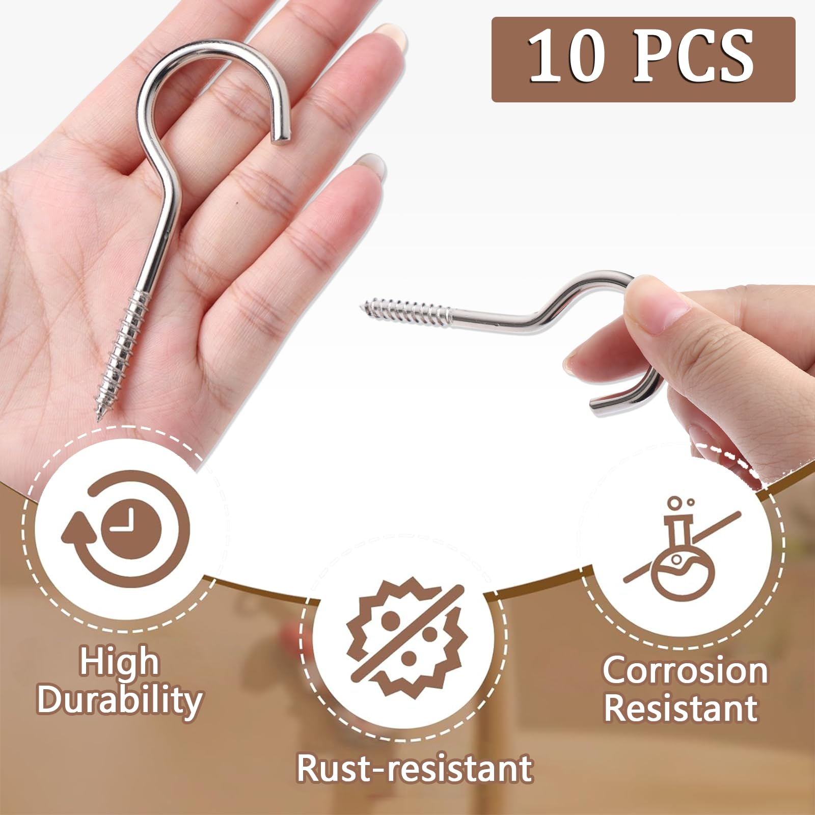 Lubgitsr M6 Screw-in Hooks, Large Heavy Duty Hooks, Nickel Plating Eyebolts for Garden Wood, Wall, Size: 90mm (3.54") Pack of 10pcs - Image 3