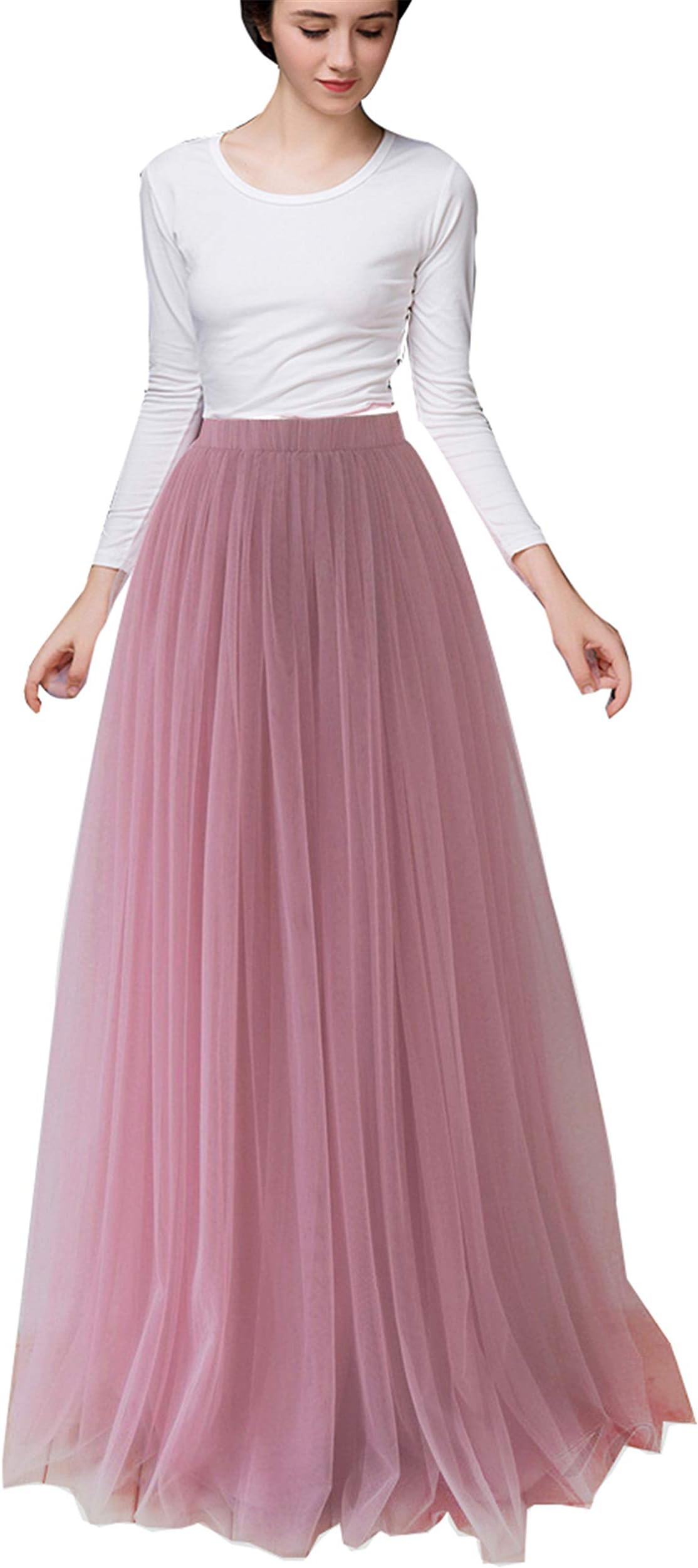 Women Long Tulle Skirt Dress A Line Floor Length for Wedding Bridal Maxi Tutu Party Skirts Pink Waist:95-115cm