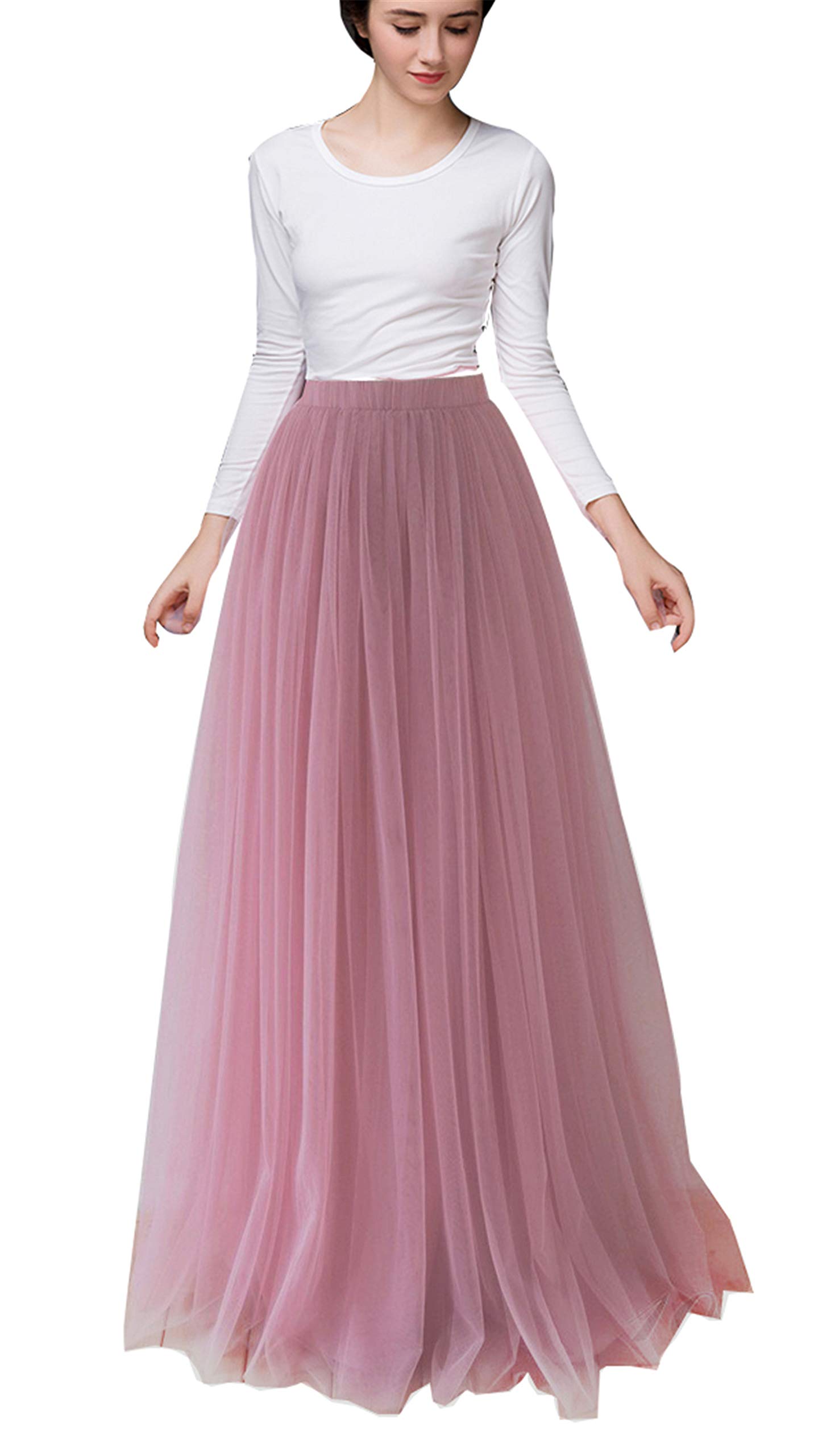 Women Long Tulle Skirt Dress A Line Floor Length for Wedding Bridal Maxi Tutu Party Skirts Pink Waist:95-115cm