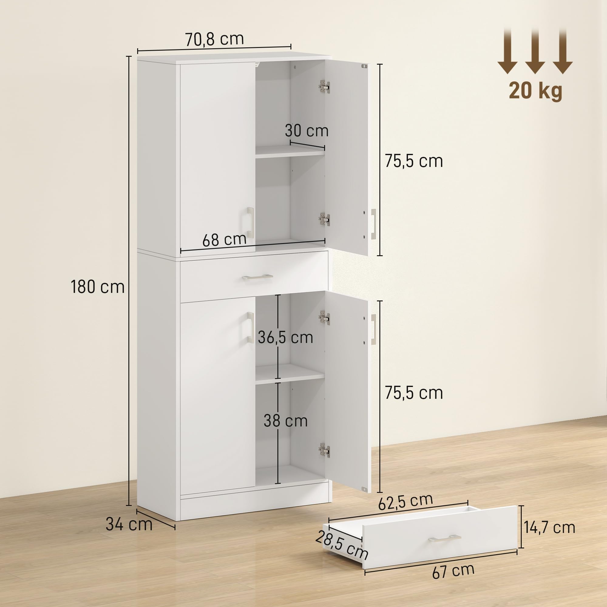 HOMCOM Alacena de Cocina con 4 Puertas 1 Cajón y Estantes Ajustables Antivuelco Armario de Cocina Moderno para Comedor Salón 70,8x34x180 cm Blanco y Plata