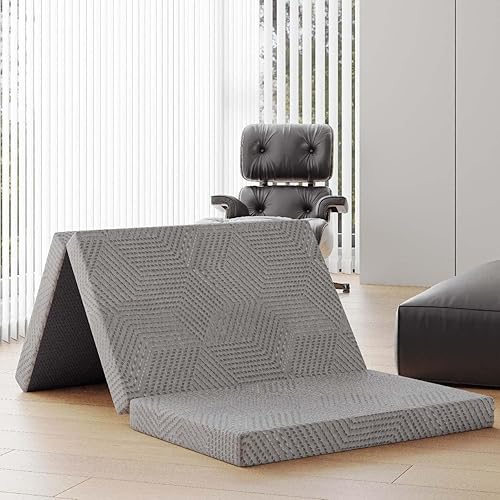 Colchón plegable, cubrecolchón de espuma viscoelástica triple portátil de 4 pulgadas, certificado CertiPUR-US, con funda lavable, cama de invitados