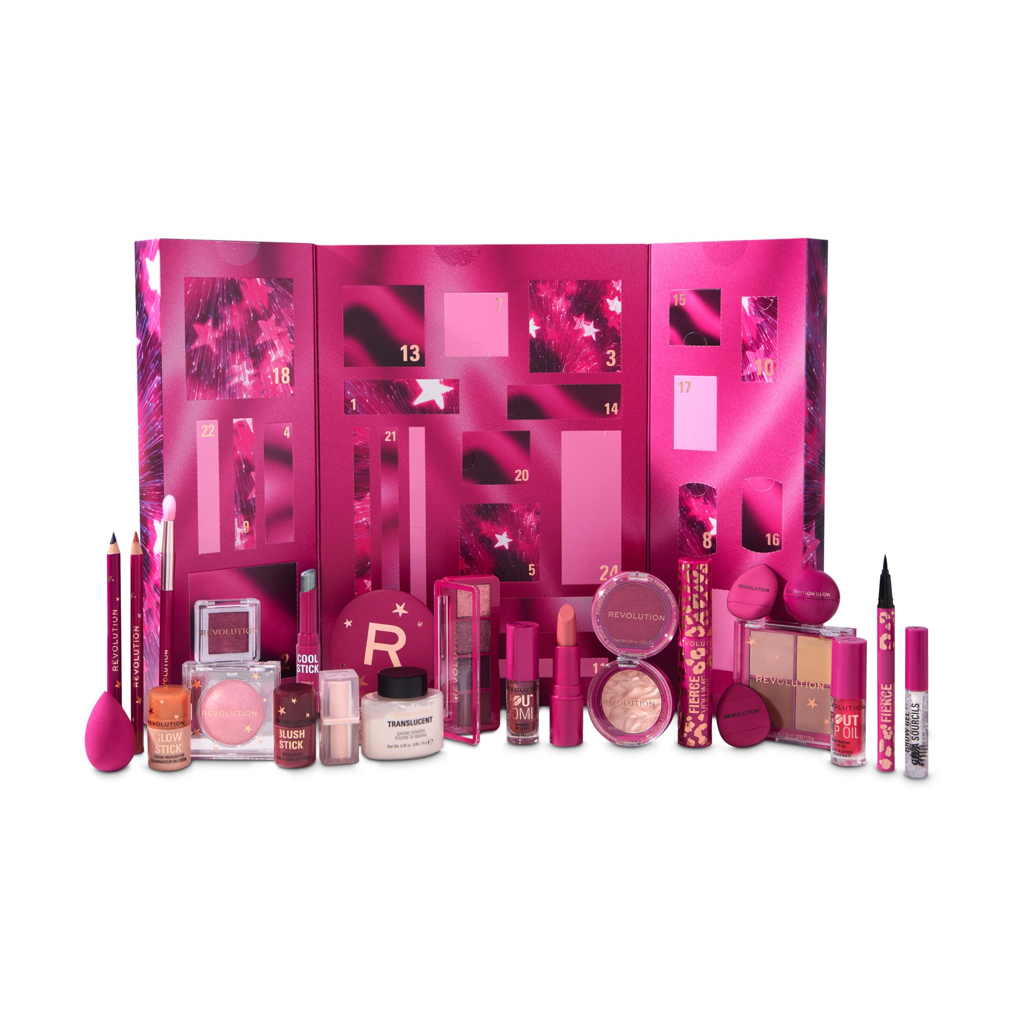 Revolution Makeup Advent Calendar 2025, 24 Beauty Must-haves, Gift Set with Lip Gloss, Highlighter, Blush, Brushes & Mascara, Vegan and Cruelty Free multi-coloured
