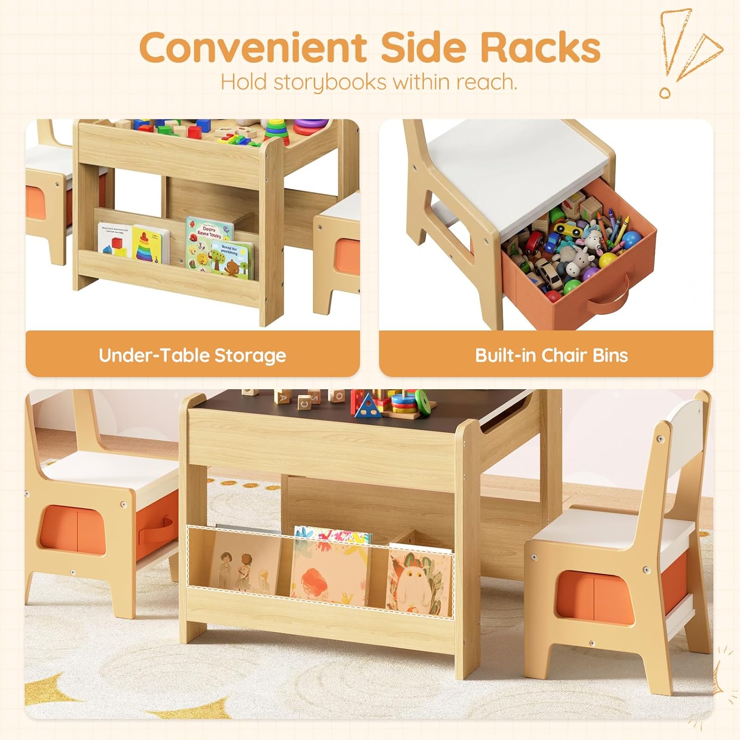 HOOBRO Kids Table and Chairs, Wooden Kids Table and 2 Chairs with Double-Sided Tabletop, Toddler Table and Chair Set with Storage Drawers & Bookshelf for Arts, Reading, Playroom, Natural WN02KT01
