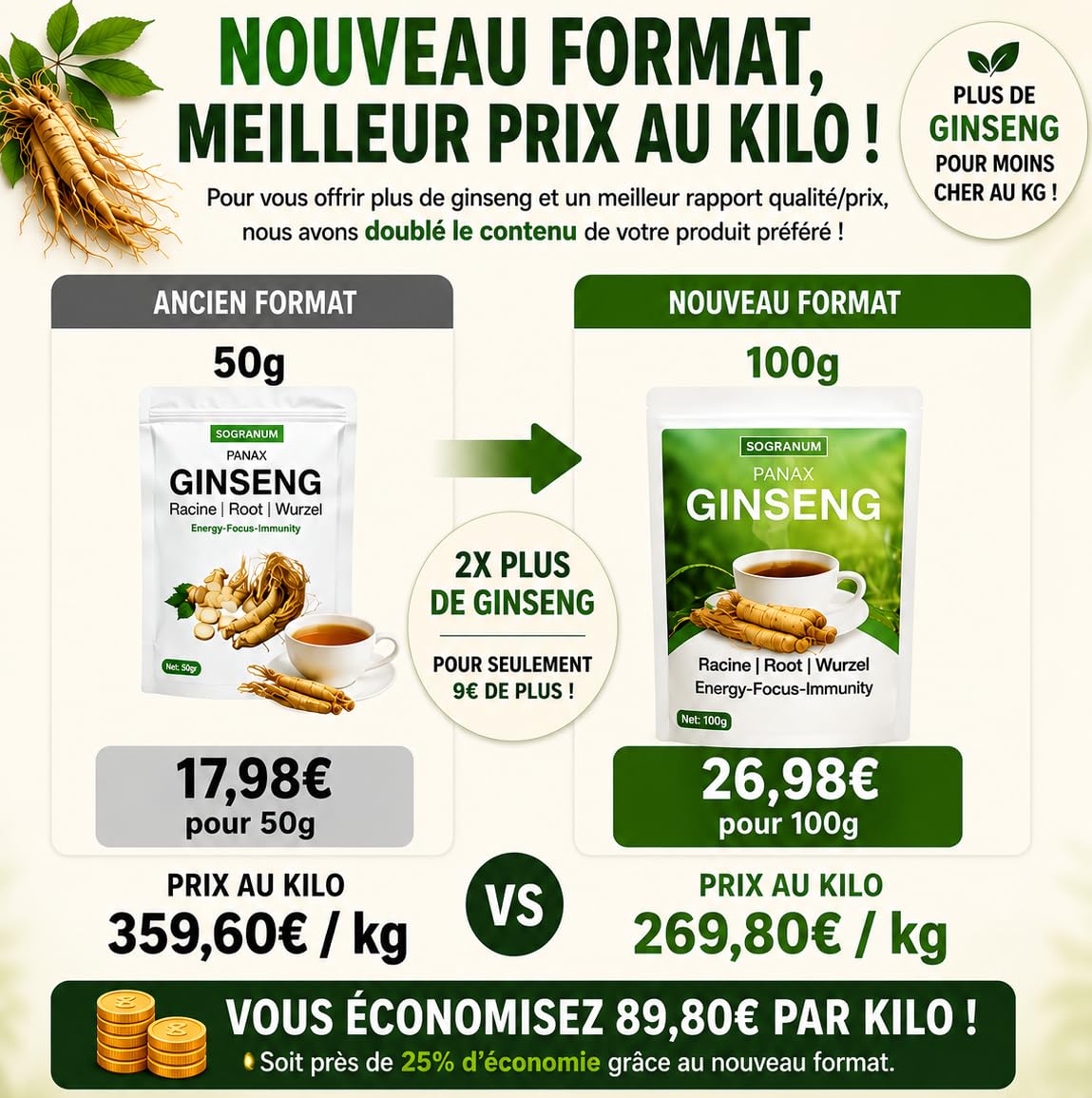 Ginseng racine entière | Détox Tisane: Énergie, Vitalité, Focus, Gestion Stress, Renforce le système immunitaire | Plante traditionnelle thérapeutique asiatique millénaire | 100g
