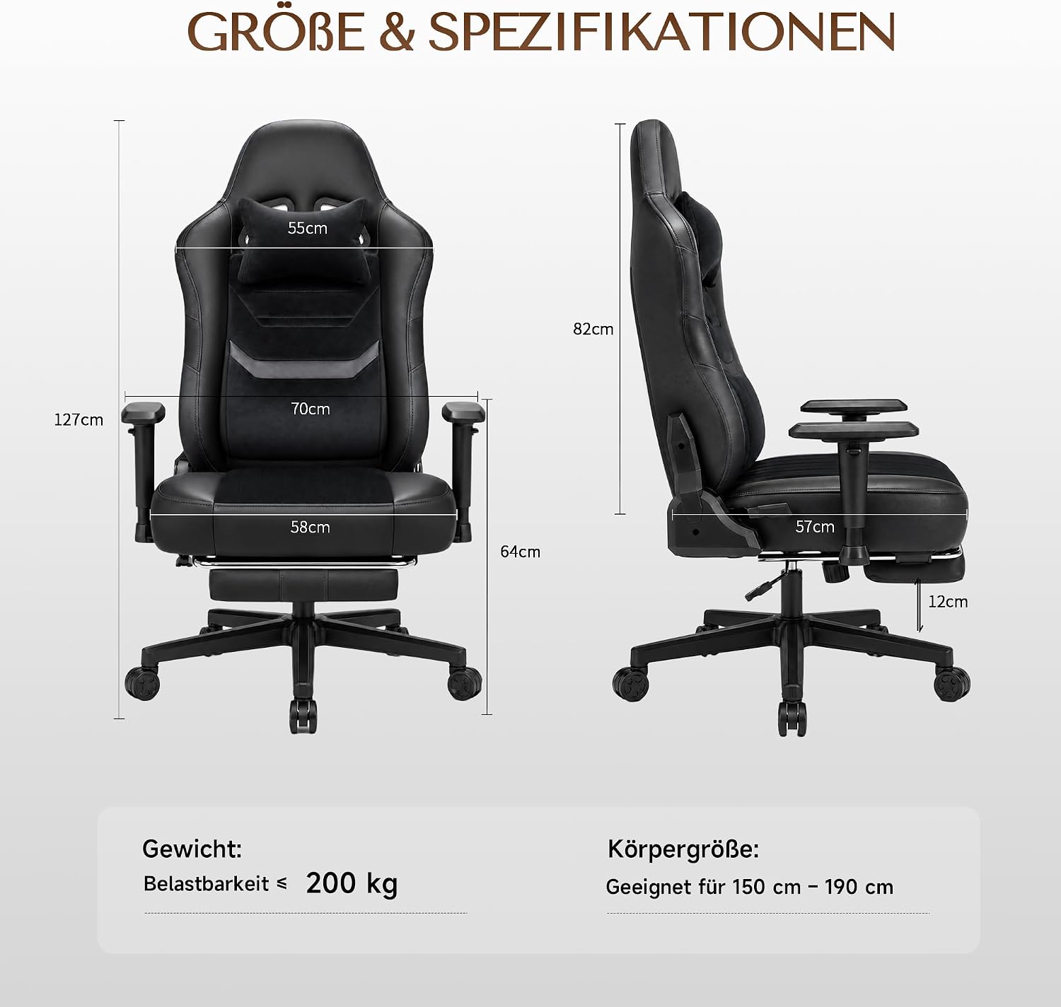 Diagram of JUMMICO gaming chair dimensions and specifications