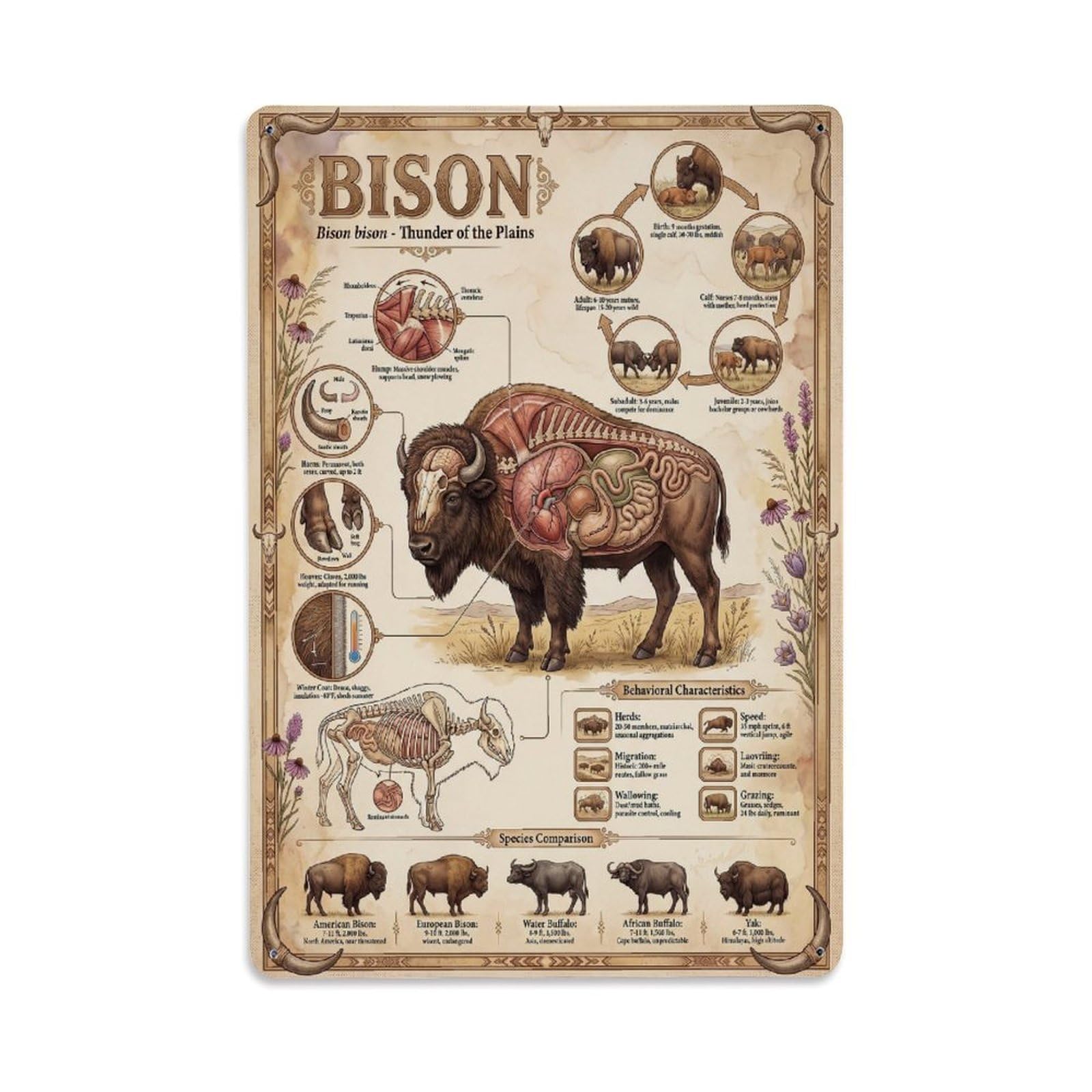 Vintage Zoology Study Animal Anatomy Guide American Bison Metal Tin Sign Plaque Wall Decor for Cafe, Man Cave, Club Bar, Office, Home Garden Round Metal Poster 8x12Inch