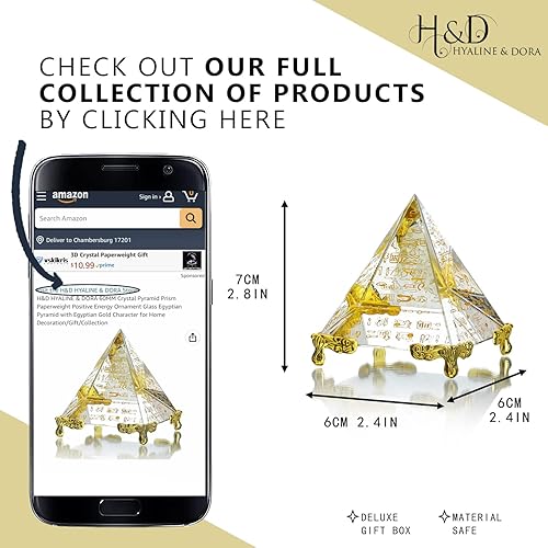 Miniatura 6 de H&D HYALINE & DORA 60MM Pirámide de Cristal Prisma Peso de Papel Energía Positiva Ornamento de Vidrio Pirámide Egipcia con Personaje Dorado Egipcio