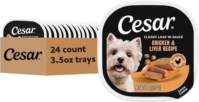 Cesar Classic Loaf in Sauce Adult Wet Dog Food Chicken and Liver Recipe, 3.5 oz. Easy Peel Trays, 24 Count Pack of 1