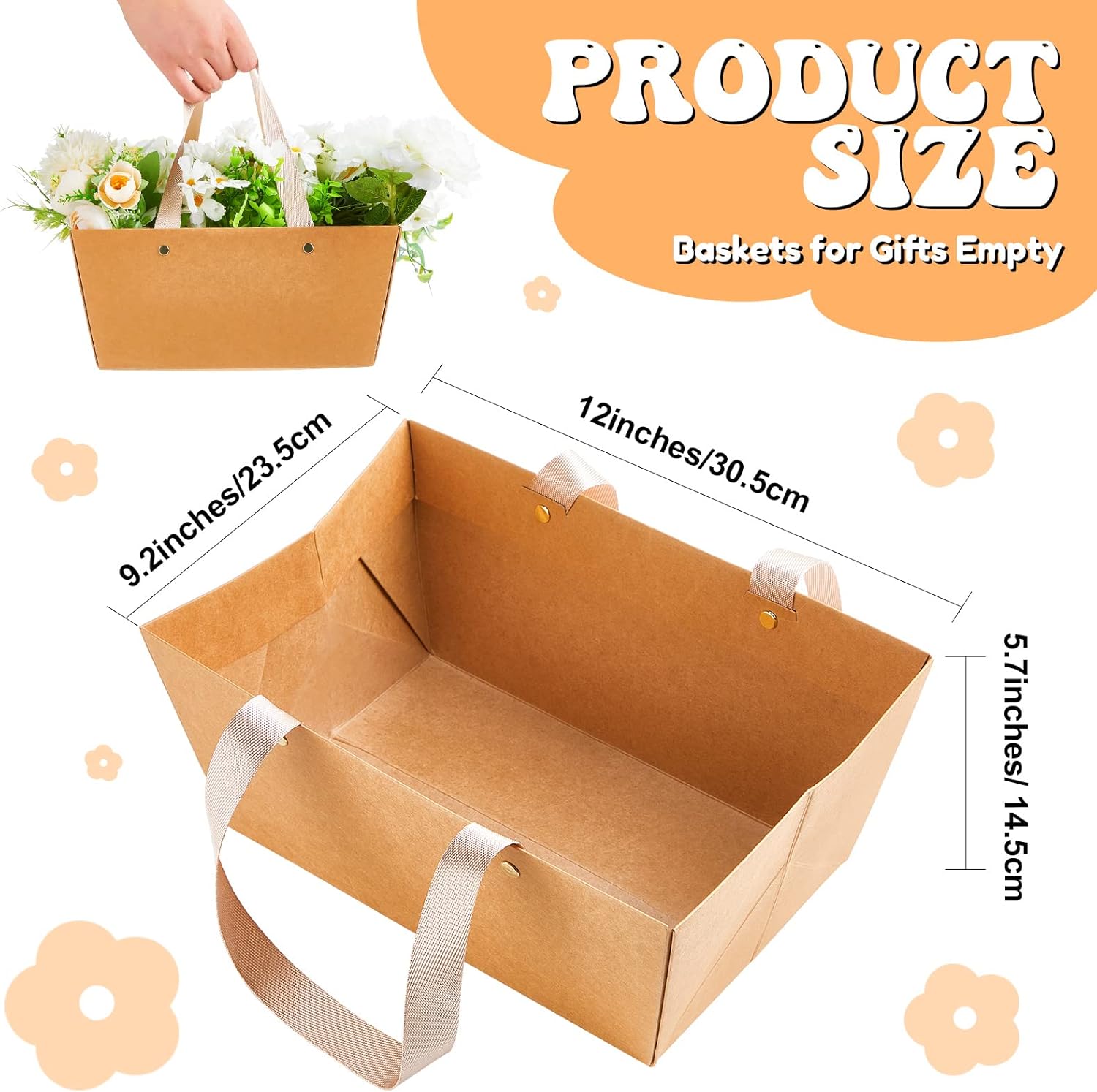 Tuanse 30 Pcs Basket for Gift Empty DIY Bulk Gift Basket Kit with Handle Kraft Cardboard Tray with 30 Bag 30 Bow Market Tray for Wedding Party(Brown,12.6 x 9.8 x 5.9 in)