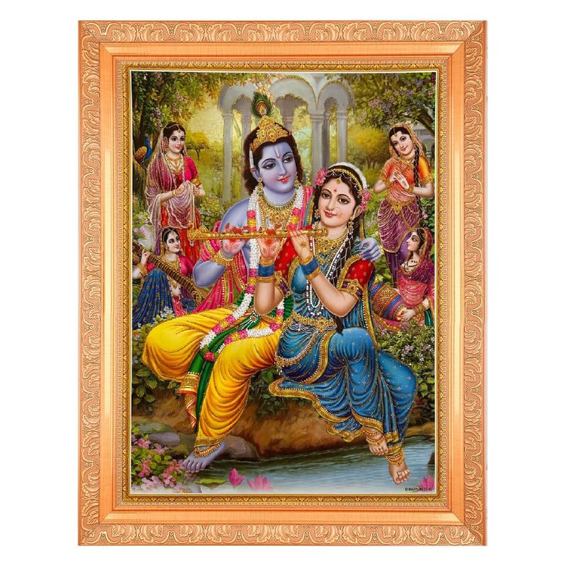Cadre photo Krishna Bhagwan avec Radha Zari œuvre d'art hindoue murale 35x45cm