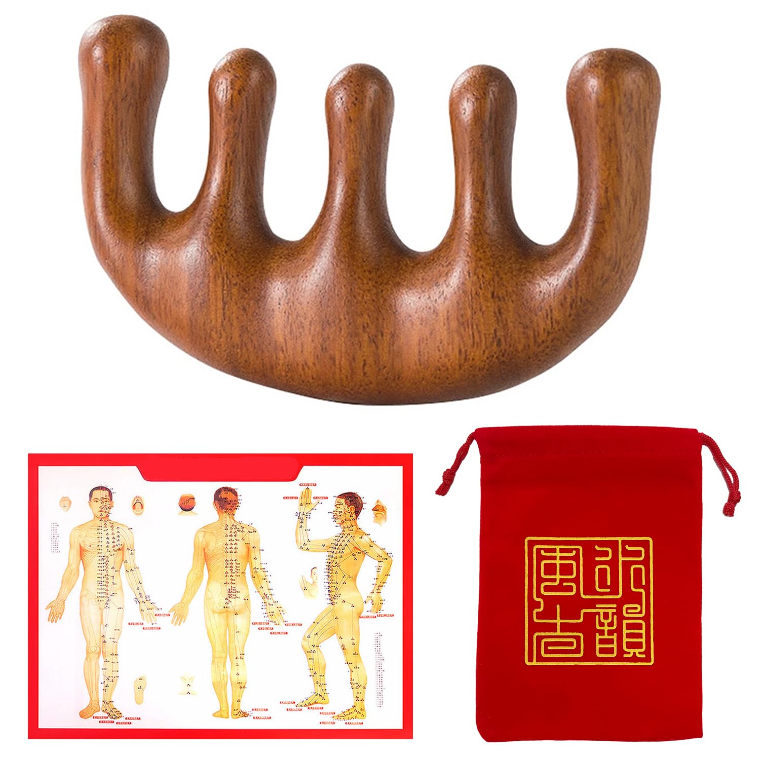 NyxSeat 1 masajeador de piel de sándalo de madera de sándalo con peine de masaje, combo de masaje Gua Sha, herramienta de madera de scalp, adecuado para mujeres y hombres.