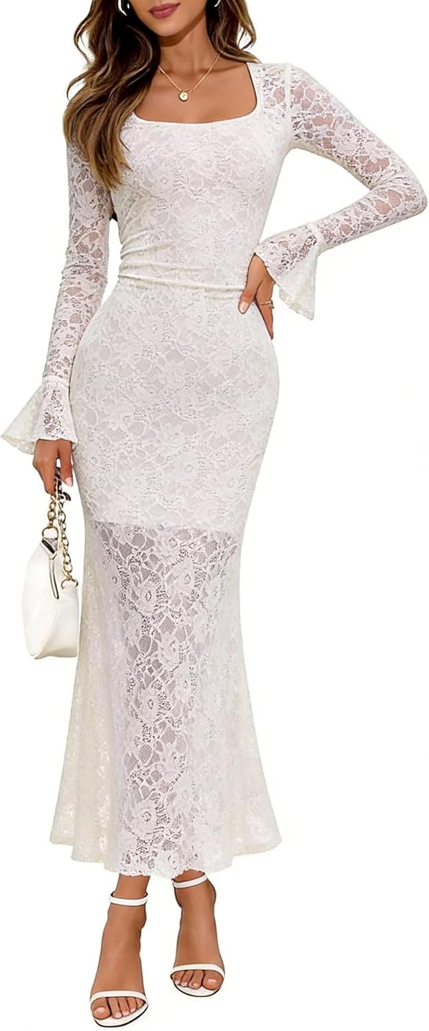 Elegant Women's 2025 Bell Long Sleeve Lace Maxi Dress Sexy Square Neck Fall Bodycon Mesh Wedding Guest Cocktail